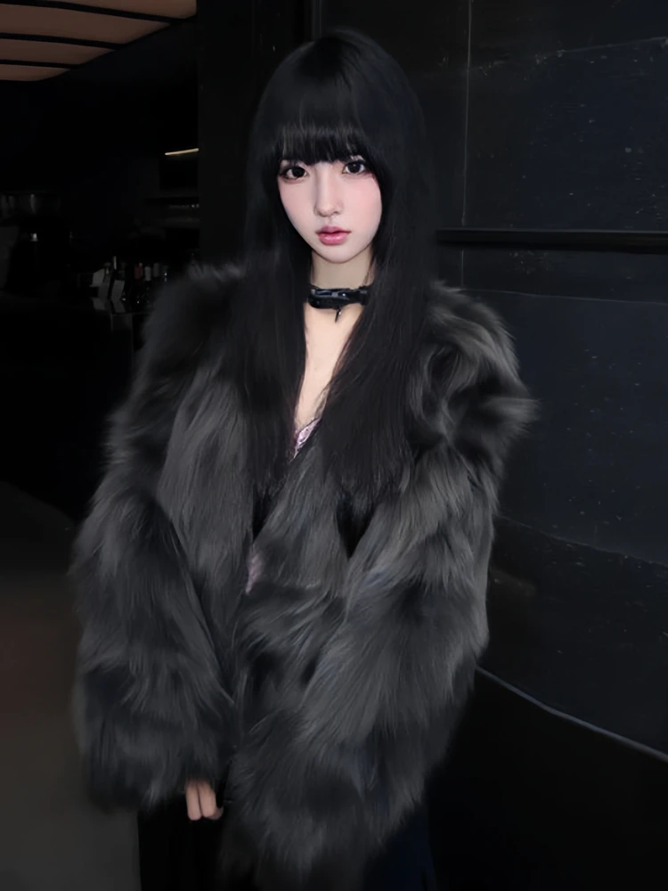 

Экологичное двухцветное меховое пальто для женщин: модное, винтажное, теплое, короткое, с V-образным вырезом и длинными рукавами