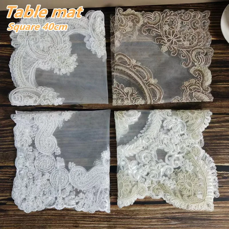 

4 Popular European Lace Mesh Embroidered Square Table Mat Storage Closet Bonsai Vase Bar Fruit Plate Cover Pad Party Decoration