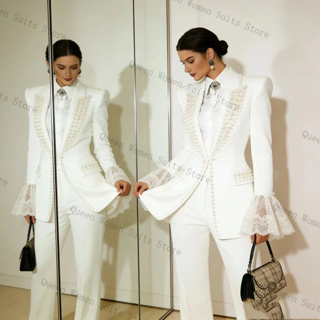 White Pearls Lace Women Suit Set 2 Pcs Blazer Pants Cotton Outfit Prom Formal Office Lady Jacket Wedding Coat Customized image 5