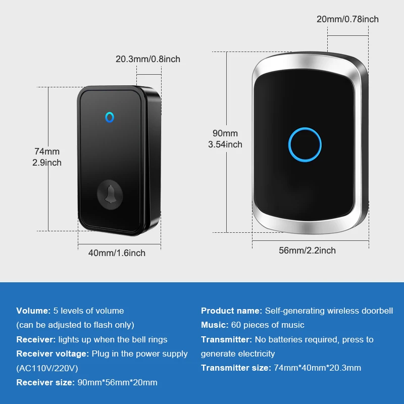 Campainha inteligente sem fio para casa, campainha de boas-vindas, 150m/82 controles remotos fm, autoalimentada, sem necessidade de bateria, eua, ue, plug, campainha sem fio