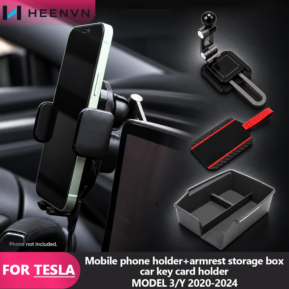 HEENVN Suitable For Tesla Model 3/Y 2020-2026 Car armrest storage box+phone holder+key card holder combination Automotive