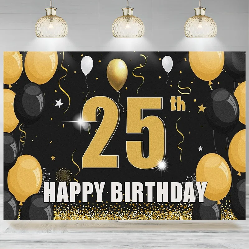 Happy 25th Birthday Backdrop Banner Black Gold Birthday Poster Sign Twenty Five Years Old Birthday Photographic Background Deco