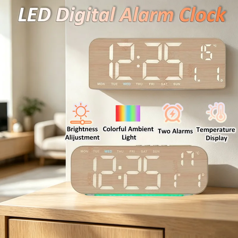 Modern Electronics Gadgets - นาฬิกาปลุกดิจิตอลไม้ นาฬิกา LED แสดงอุณหภูมิ/วัน/วันที่ ตั้งปลุกได้สองครั้ง นาฬิกาตั้งโต๊ะอิเล็กทรอนิกส์พร้อมไฟบรรยากาศหลากสี