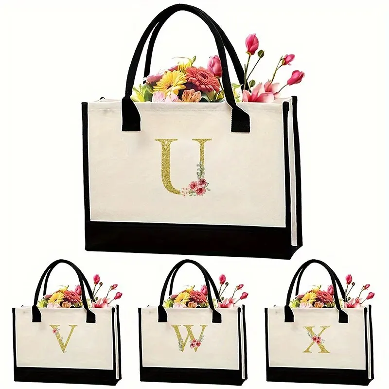 Canvas Gold Letter Tote Bag Fashion Trend Handbag Canvas Shopping Bag