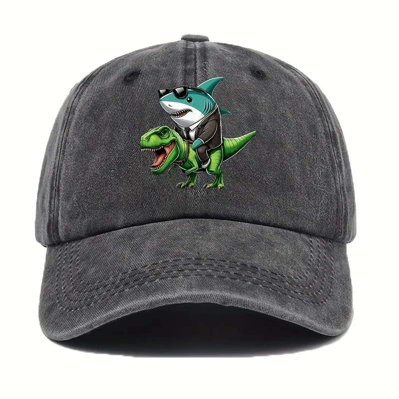 Shark Riding Dinosaur Baseball Cap Funny Animal Graphic Adult Polyester Outdoor Adjustable Headwear