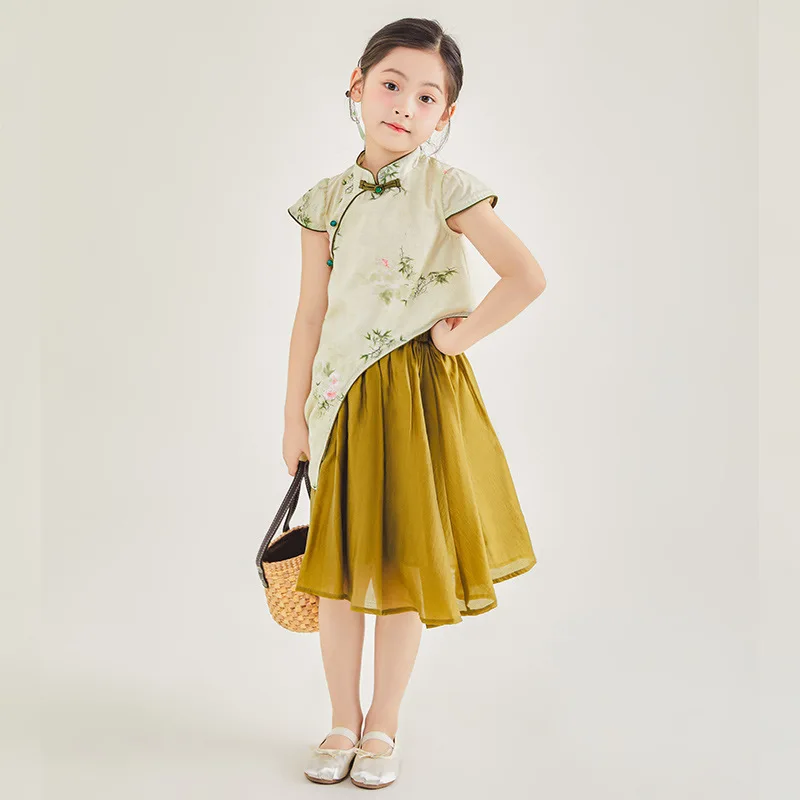 

JUCPKID Summer Students Clothes Sets Teenager Girl Irregular Printed Cheongsam Top+Gauze Skirt Ethnic Style Sets For Children