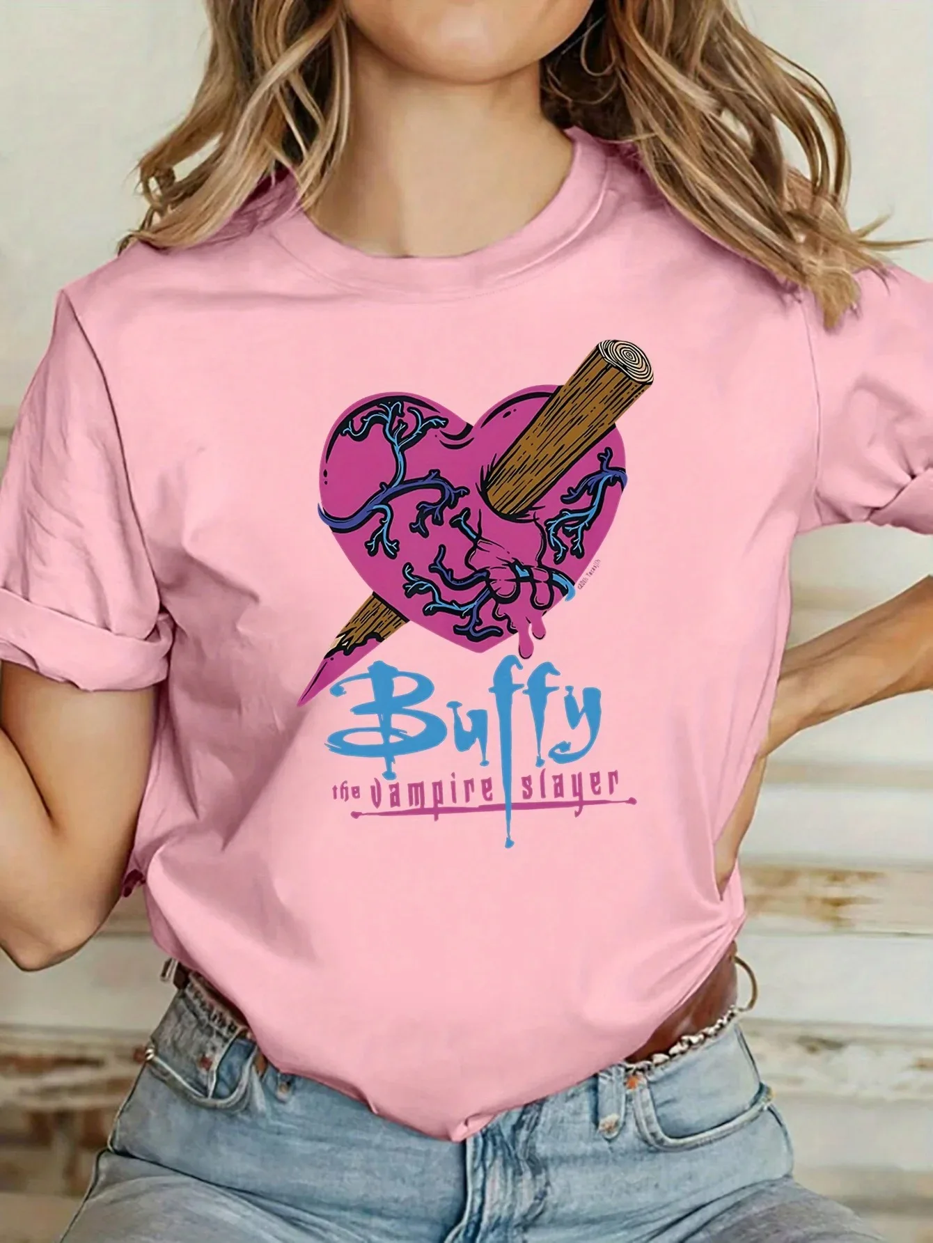 Leisure Fashion Short Sleeve Print T-shirt Brand Streetwear Women's Buffy The Vampire Slayer Heart Pencil Oversized T-Shirt