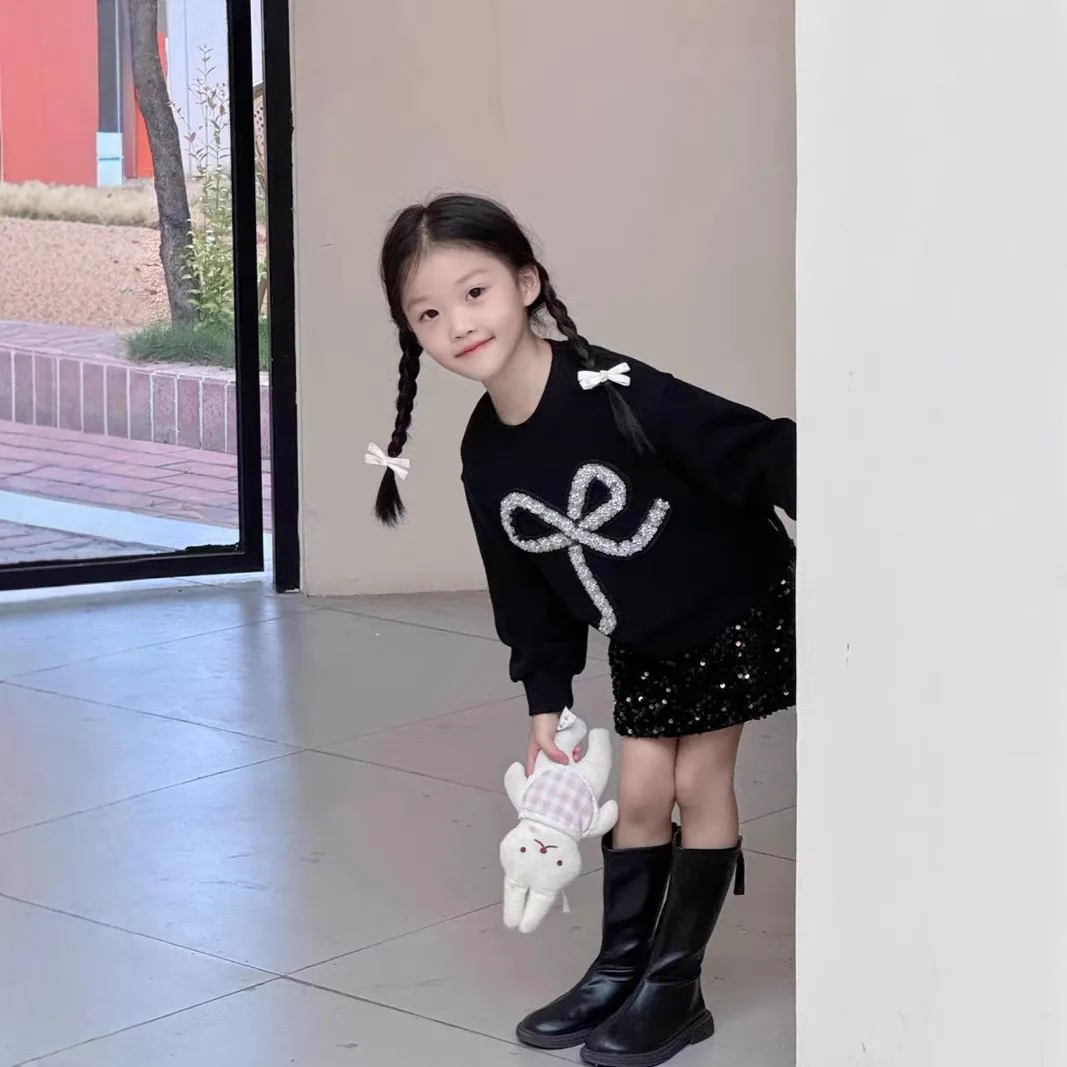 Girls Set 2025 Autumn New Korean Version Sweet Bow Sequin Hoodie Fashionable Sequin Short Skirt Two-piece Set Daily Temperament