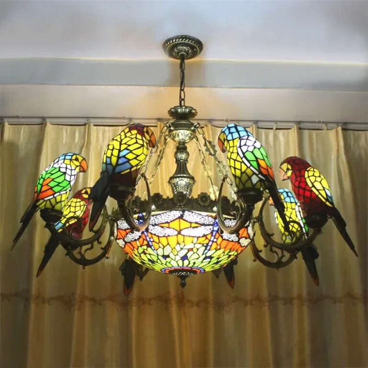 Parrots Dragonfly Chandelier European Style Artistic Classical Stained Glass Suspension Light Hanging Lamp Light Fixtures