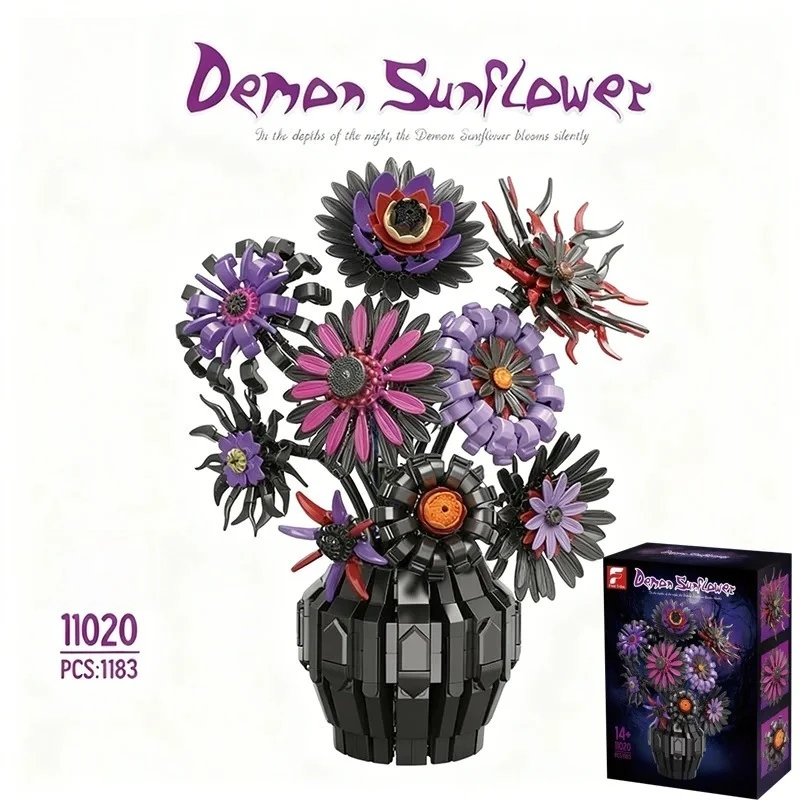 

1183 шт., креативные темные стильные фиолетовые строительные блоки с подсолнухом, украшение для рабочего стола, строительные кирпичи, игрушка для девочек, игрушка в подарок