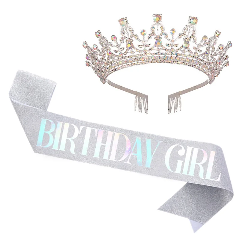 Bling Rhinestone Crystal Crown Tiara Birthday Girl Queen Sash and Crown for Women Birthday Party Decoration Kit