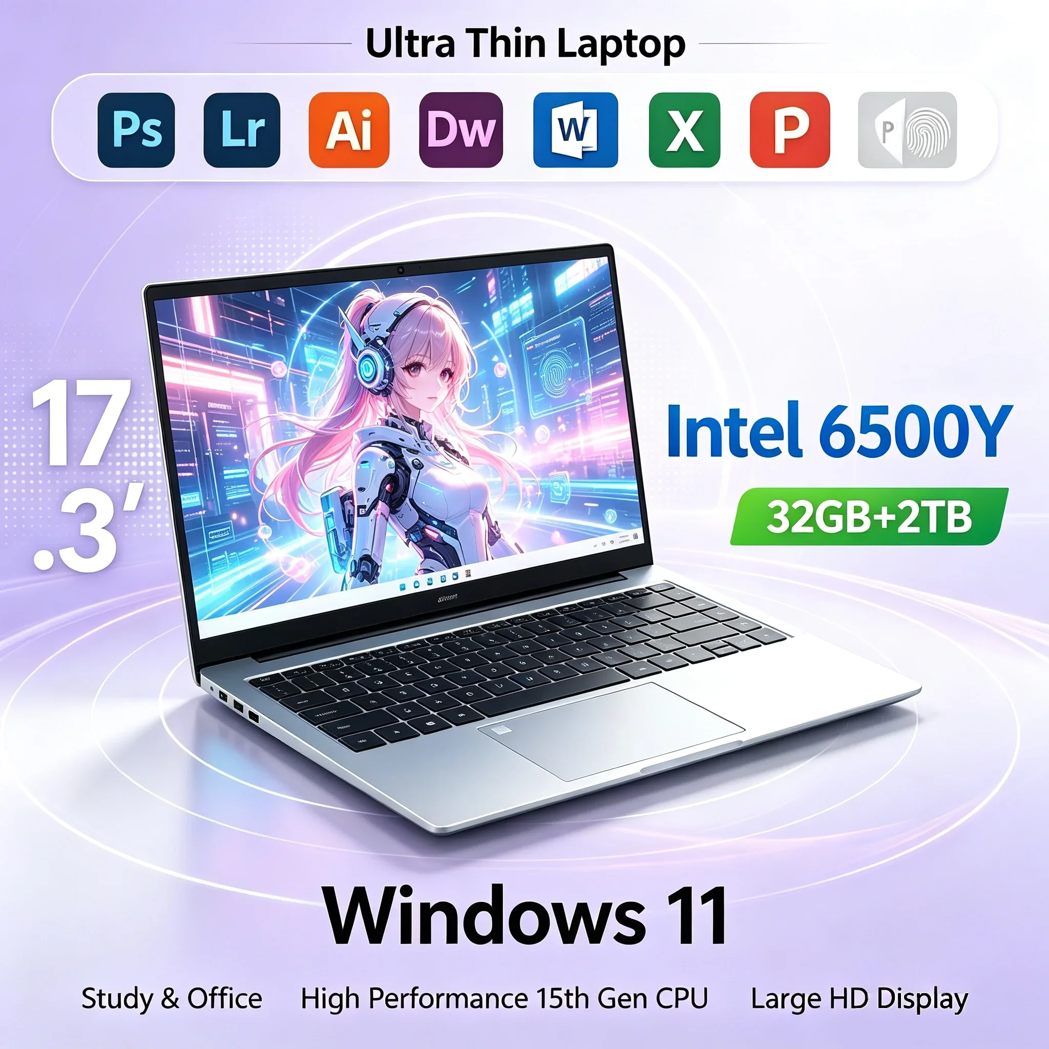 17.3'' HD Laptop Intel 6500Y 32GB RAM 1TB 2TB SSD Win11 WiFi6 BT5.2 Portable Notebook For Home Office & Self Study
