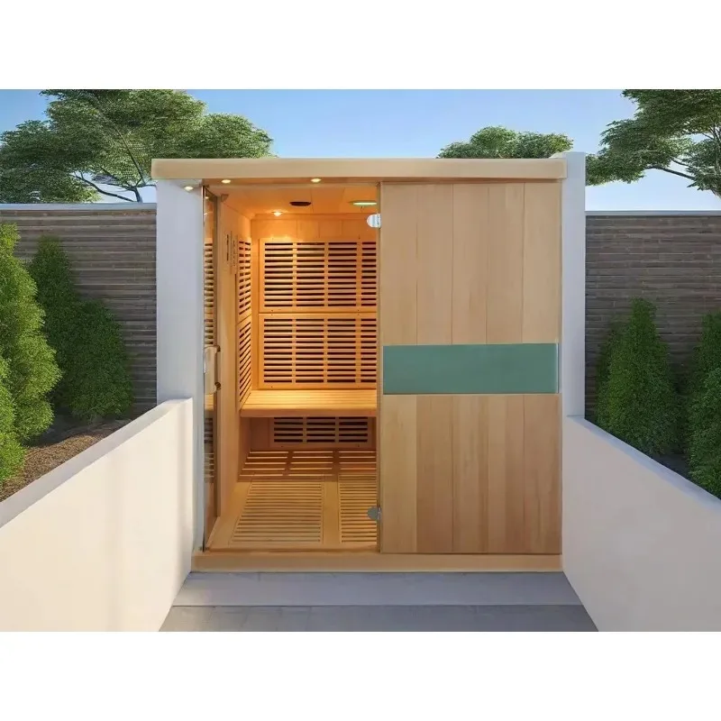 6-Person Solid Pine Garden Sauna Room with Low EMF Far Infrared Panel Heater Outdoor Wet Steam Sauna Dry Sauna Ice Bath Tub