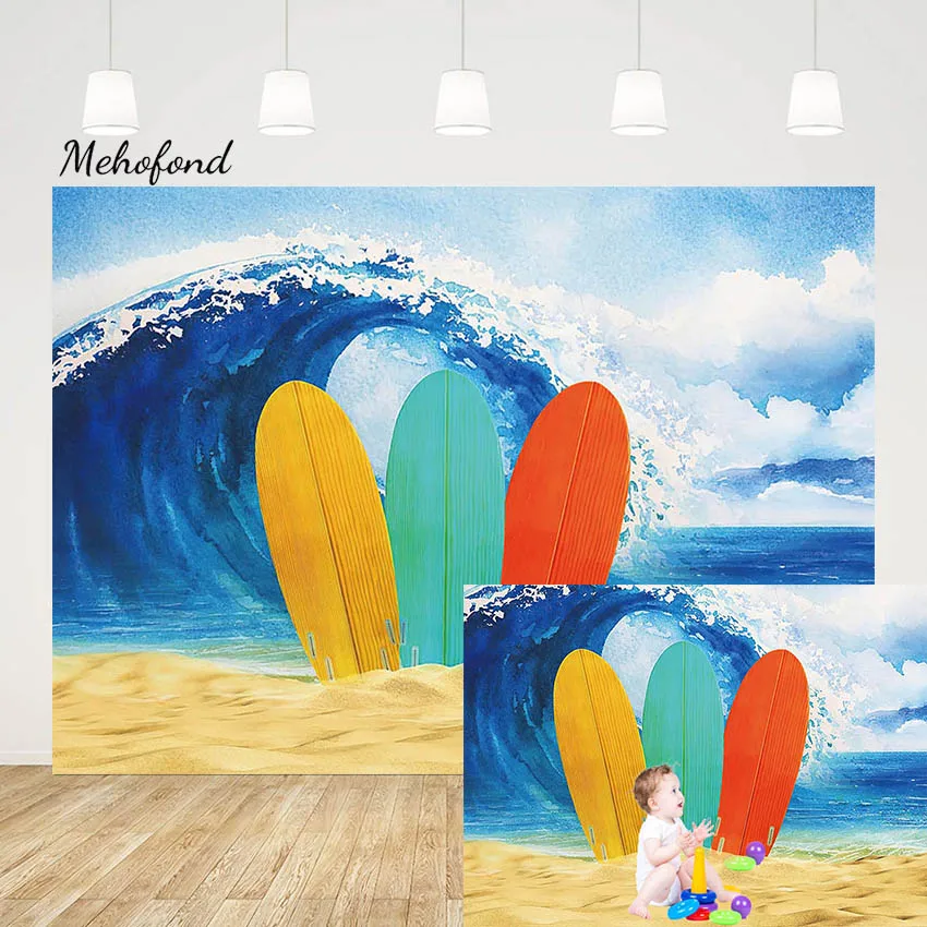 Mehofond Summer Surf Backdrop Beach Seaside Blue Surfboard Photography Background Children Birthday Party Decor Studio Photocall