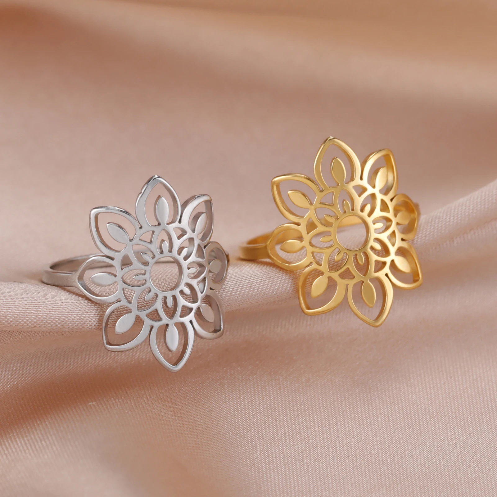 Cazador Aesthetic Filigree Flower Lotus Rings for Women Gold Color Bohemian Ring Wedding Engagement Stainless Steel Jewelry Gift