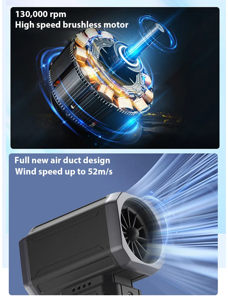 Turbo Jet Fan 130000RPM Wind Speed 52m/s Brushless Motor Handheld Duct Fan High-Performance Cyclone Turbo Electric Blower