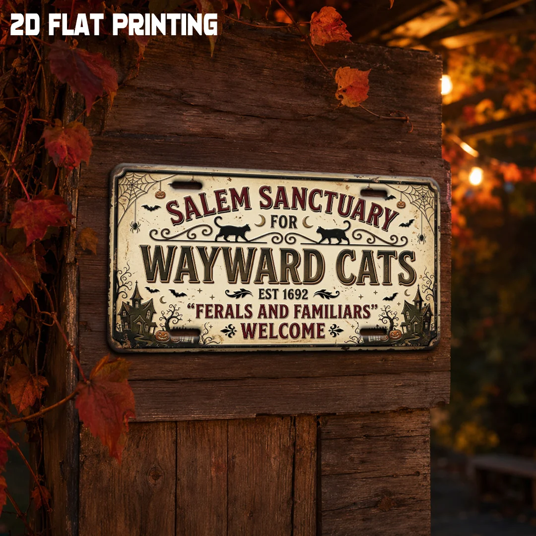 1pc Retro Aluminum Salem Black Cat Sanctuary Halloween Slogan Plaque, European Rustic Outdoor Wall Art Suitable for Porch