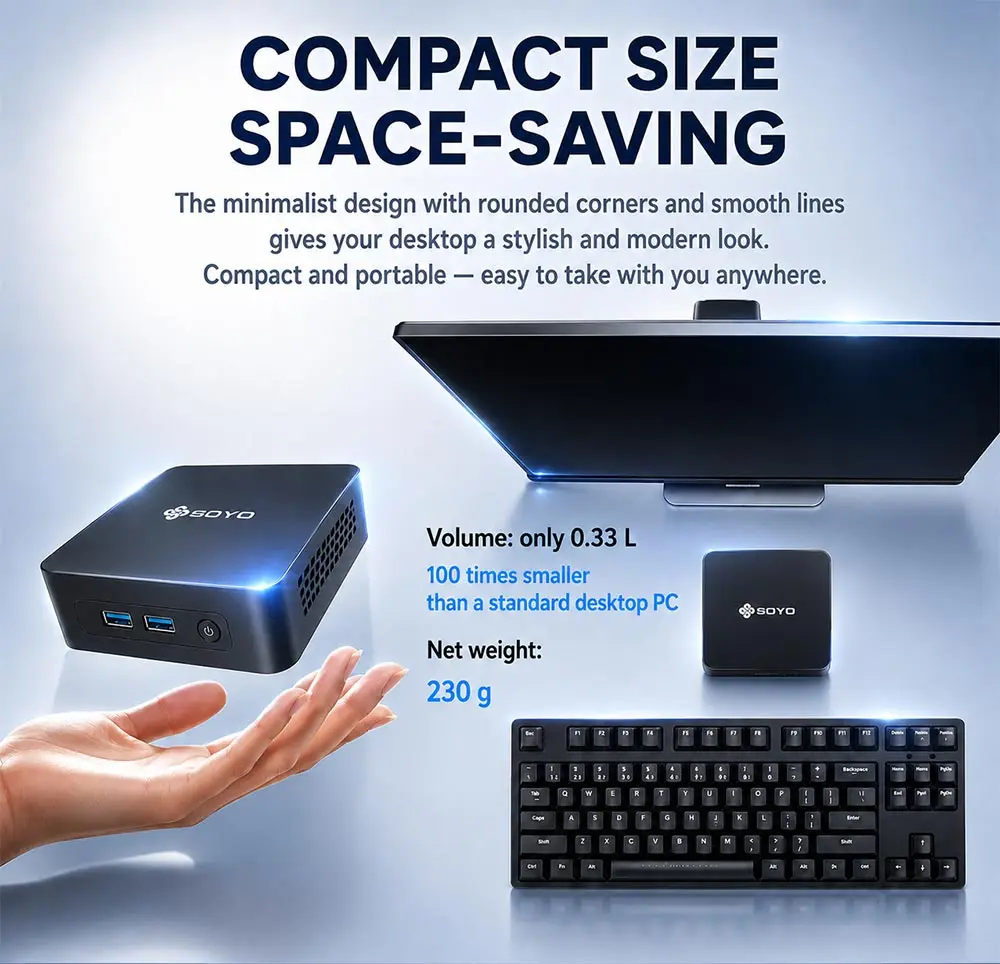 SOYO Mini PC Y5 AIR Intel Core I5 4250U 8GB RAM 128GB ROM Windows 11 Pro WiFi BT4.2 Office Desktop Computer 22nm 2.6ghz HDMI*2 USB3.0*4 RJ45*1 200MHZ Dual HDMI 4K Display Type-C