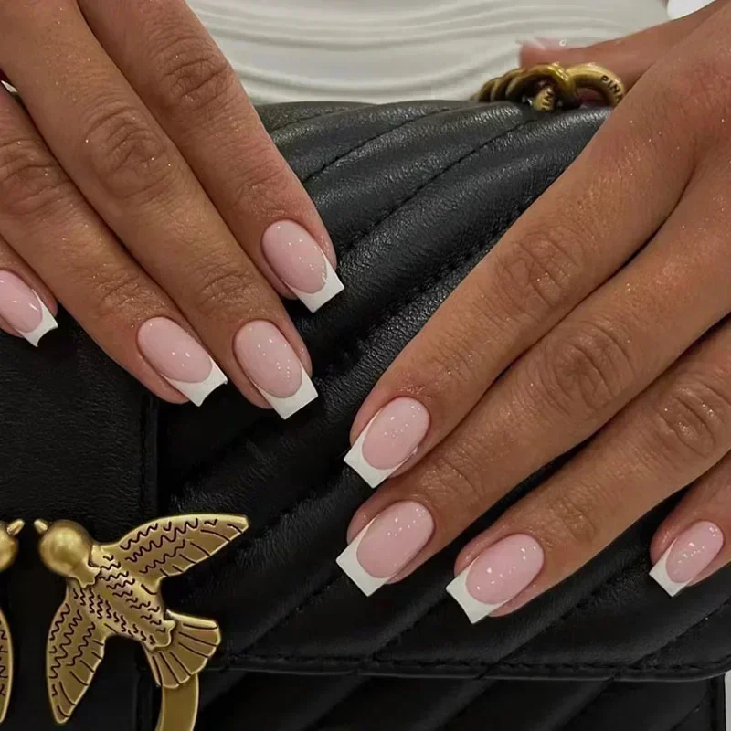 24 pçs falso prego completo capa falso prego elegante rosa gradiente brilho francês curto unhas caixão curto falso prego imprensa em unhas