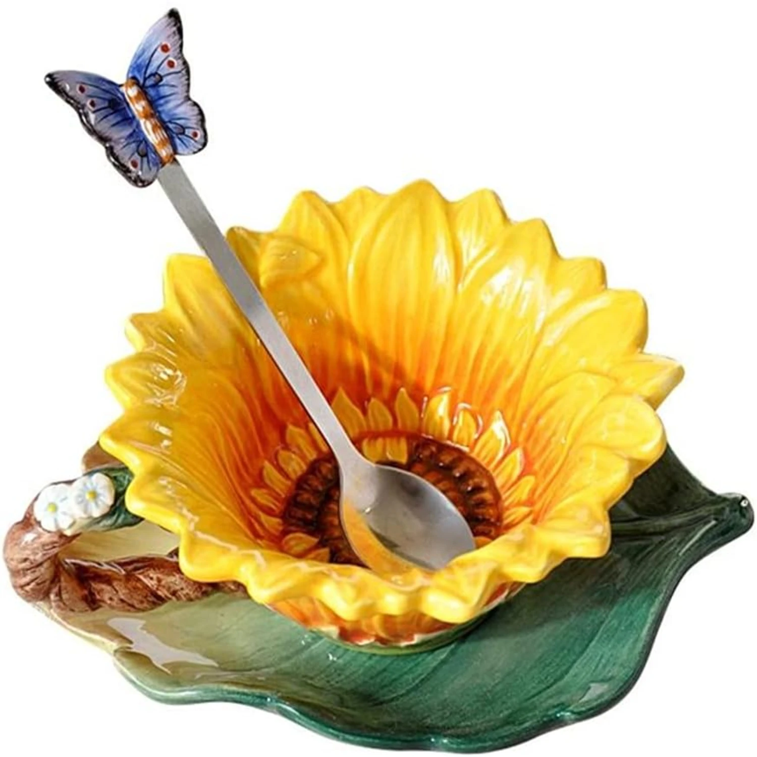 Elegant Ceramic Tea Mug Set with Spoon, Exquisite 3D Handmade and Hand-painted Sunflower and Leaf Design Coffee Cup and Saucer,