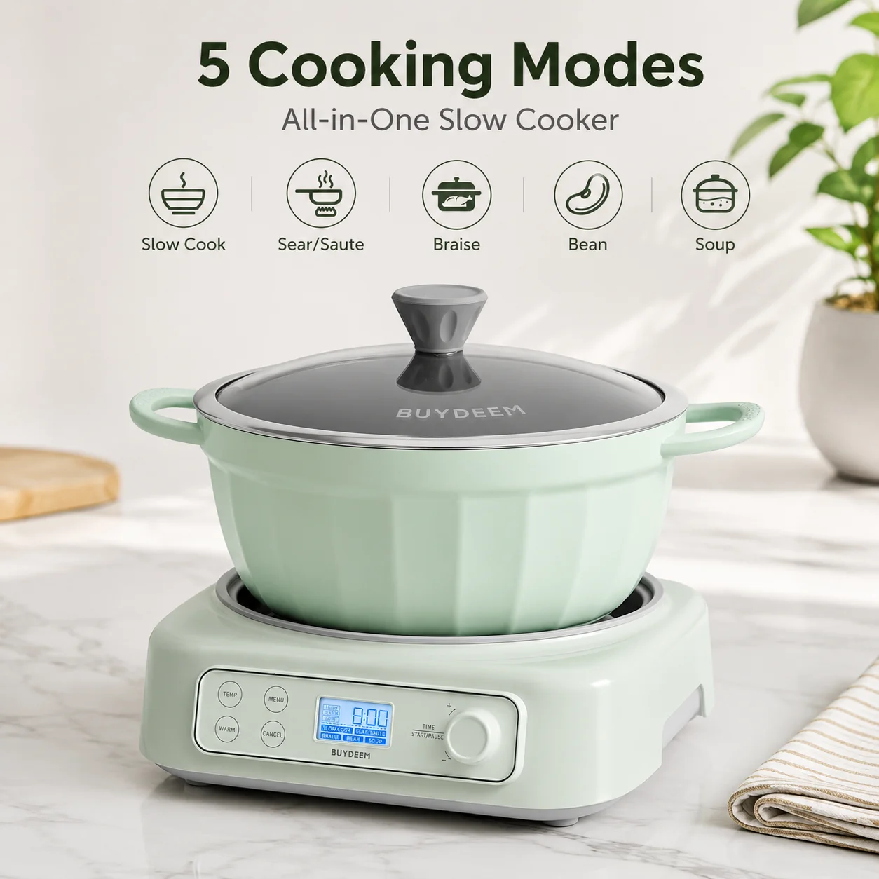 BUYDEEM 5-in-1 Slow Cooker 4.7QT, Electric Crockpot with Removable Nonstick Pot, Slow Cook Sear Saute Braise Bean Soup Modes, 2 Temperature Controls, 24H Timer, Auto Keep Warm, Compatible with Flat-Bottom Cookware