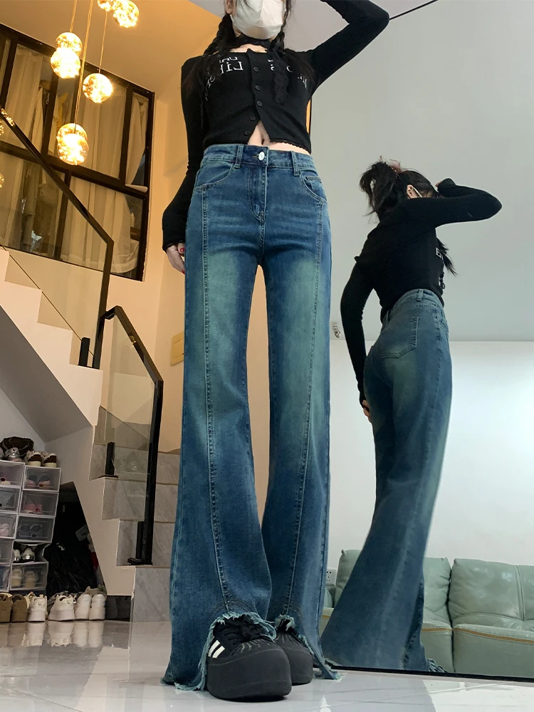 Cintura alta queimado jeans feminino primavera 2025 vintage fenda desgastado até o chão calças emagrecimento tamanho grande casual denim
