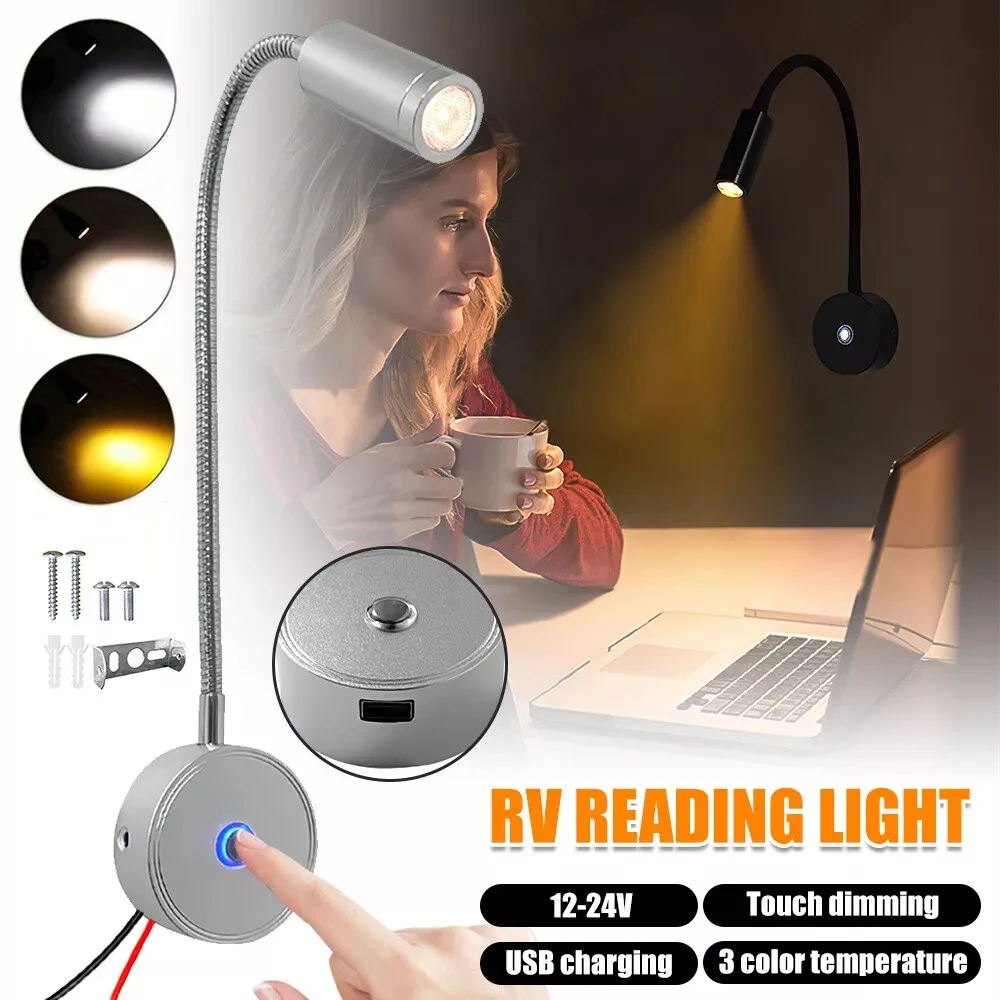 DC12V 24V RV Dimmable Reading Lamp with Type C USB Charger,Touch Switch 2 USB Charging Ports LED Light for Boat Camper Van Trail