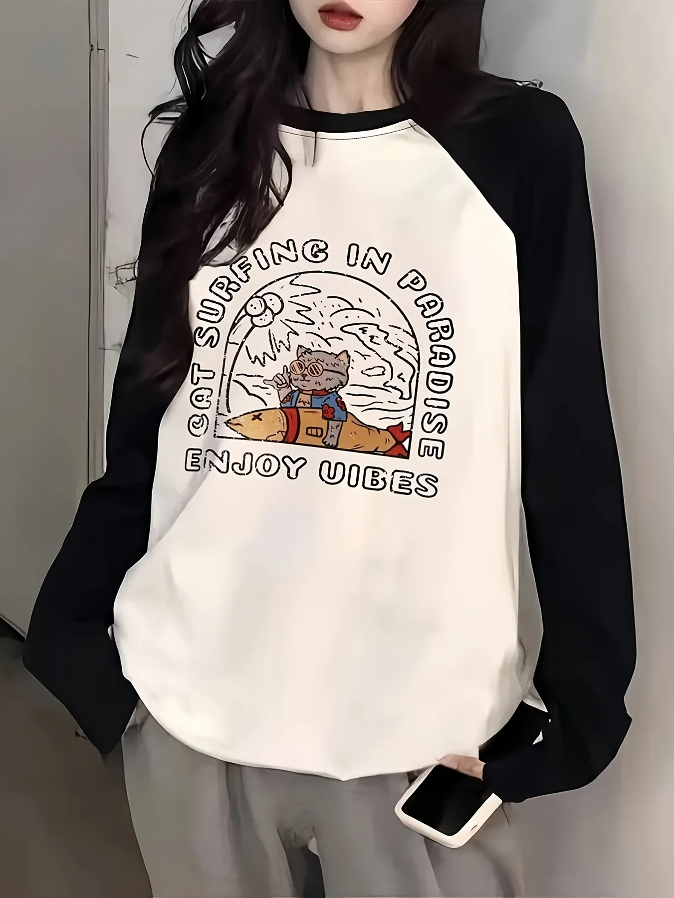 Raglan Long Sleeve Couple Style Sweet Spicy Lazy Style Inner Tops Printed Dopamine Early Casual American T-Shirt Trendy T Shirt
