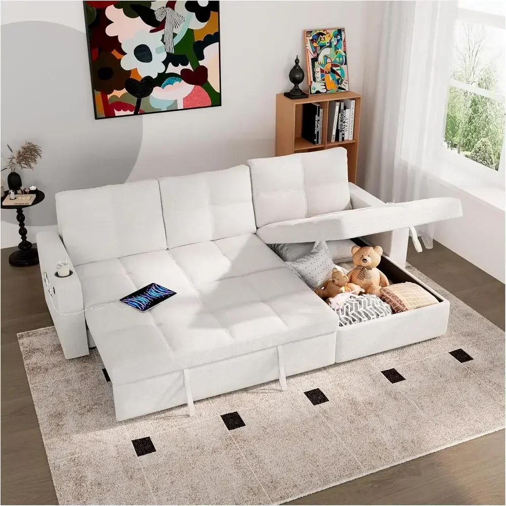 85 Sectional Sleeper Sofa with Storage, Pull-Out Couch, Reversible Chaise, Cup Holders, USB Ports, Side Pockets, Comfortable for