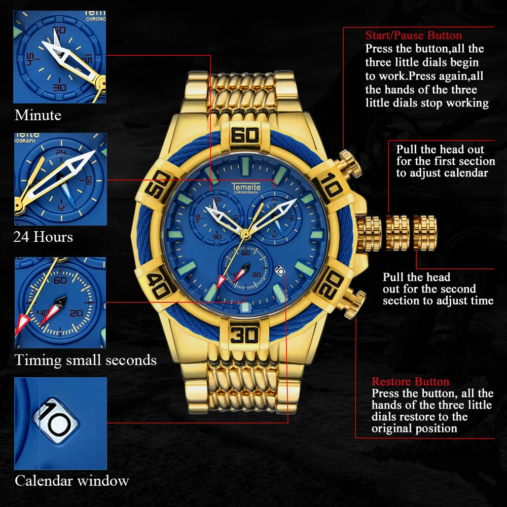 2024 Temeite Golden Watch For Men Luxury Brand Full Steel Big Dial Heavry Chronograph Gold Male Wristwatches Relogio Masculino