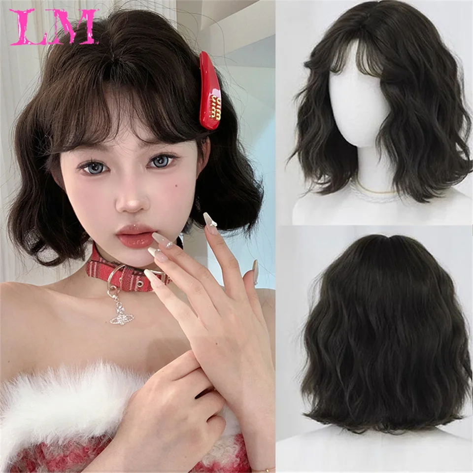 LM Short Wavy Honey Brown Copper Synthetic Wigs with Bangs Cosplay Lolita Bob Wig for Women Afro Daily Natural Heat Resistant Ha