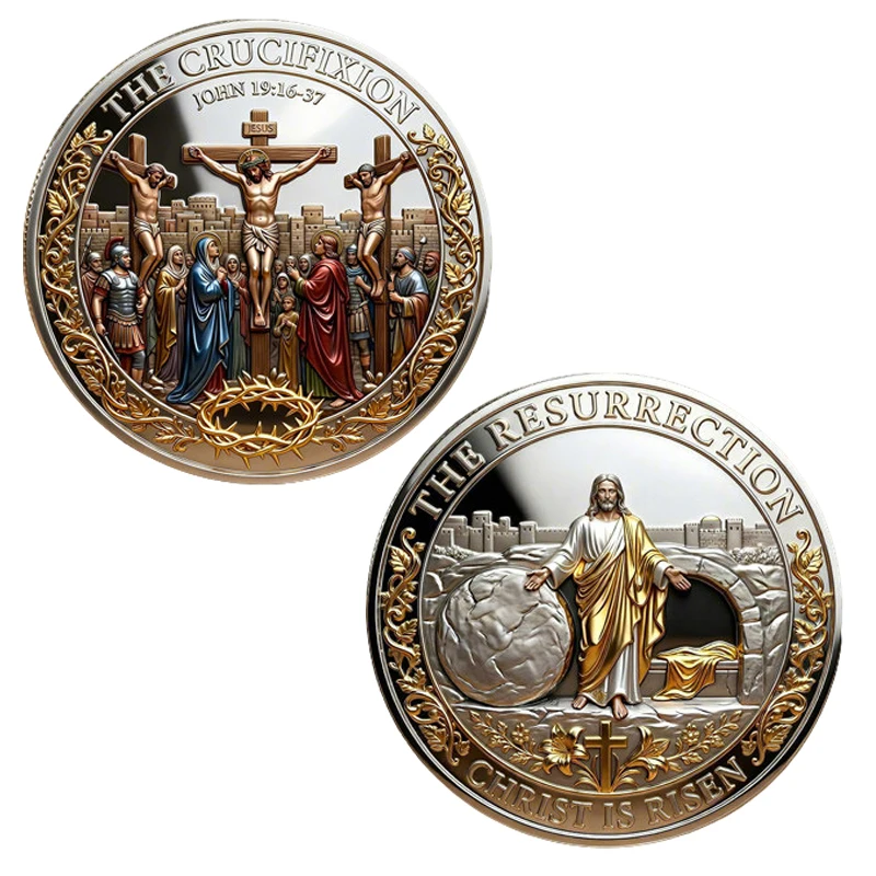 1pc Religious Crucifixion & Resurrection Commemorative Coin Christ Is Risen Cross Challenge Coin Souvenir Gifts for Collection