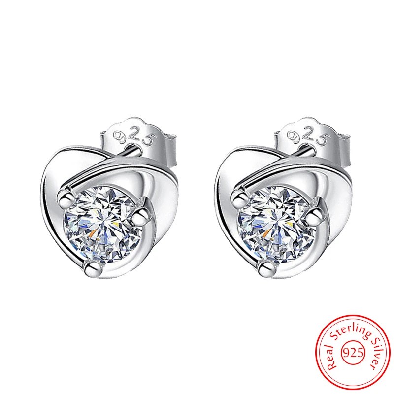 Real 925 Sterling Silver Fshion Jewelry Crystal Heart Stud Earrings For Women New XY0208