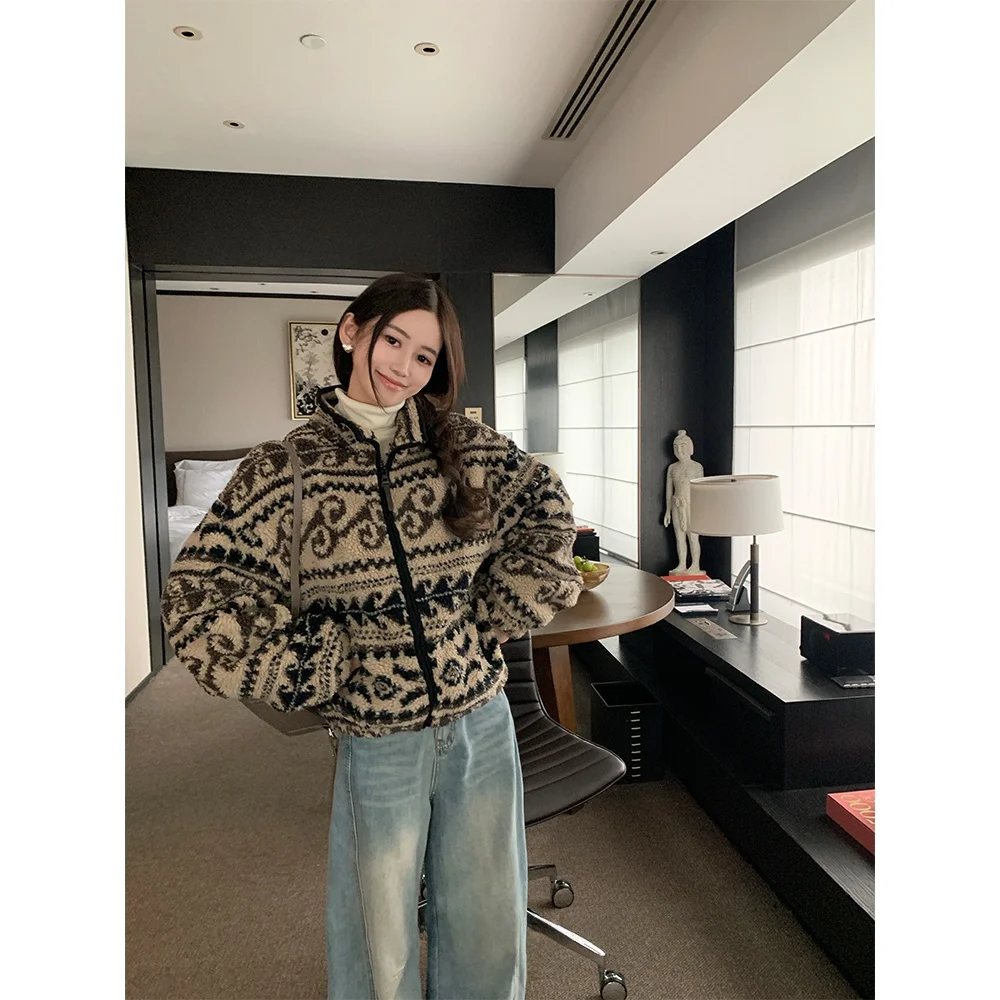 

Retro Pattern Woolen Jaet Women's ort Outerwear Floral Print Sli Ladies' Coat Vintage Design Winter Faion 2025