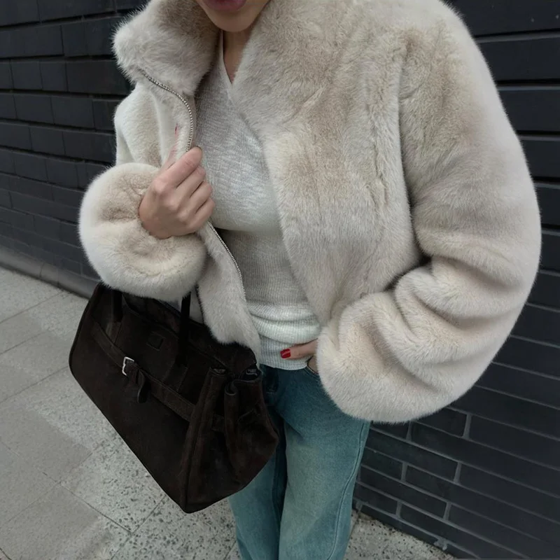 Tornova Stand Collar Faux Fur Coat For Women Fashion Zipper Warm Plush Jacket 2025 Autumn Winter New Solid Streetwear Short Coat