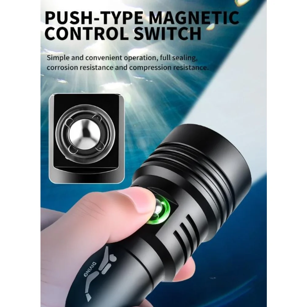 Diving Flashlight with XHP70 LED 1000LM Output IPX8 Waterproof Rating Magnetic Switch Aluminum Alloy Construction