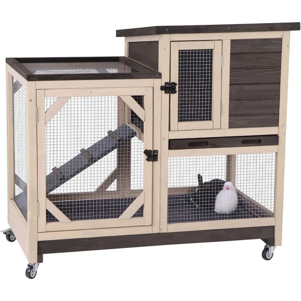 

Rabbit Hutch Rabbit Cage Indoor Bunny Hutch with Run Outdoor Rabbit House with Two Deeper No Leak Trays - 4 Casters Include (Wi