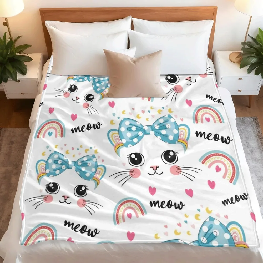 Cute Cartoon Cat Bow Rainbow Flannel Blanket Kids Meow Kitten Throw Blanket for Sofa Bed