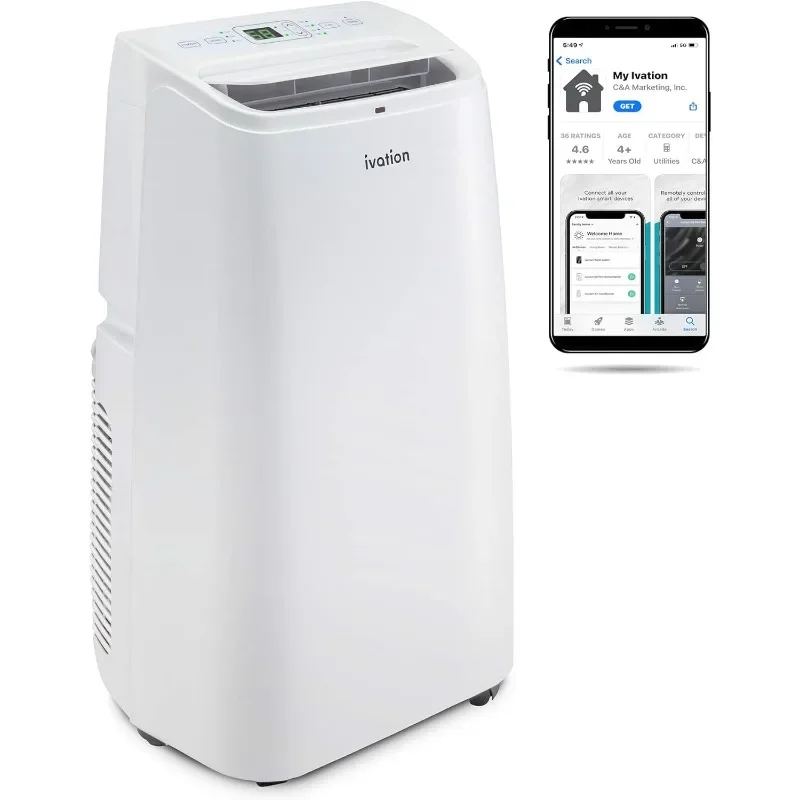 Ivation 12,000 BTU Portable Air Conditioner with Wi-Fi for Rooms Up to 450 Sq Ft (8,000 BTU SACC) 3-in-1 Smart App Control