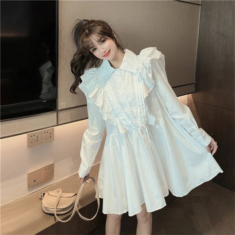 French Vintage Ruffled Folds Long Sleeve Short Shirt Dress Female with Leather Girdle 2pcs Set Loose Fashion Women Clothing