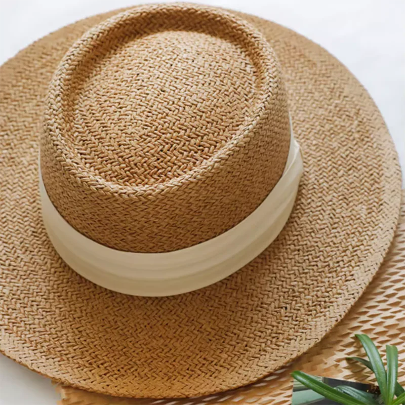 Luna&Dolphin French Style Women Summer Sun Beach Flat Straw Hat Khkai Vacation Panama Straw Woven Small Top Hat White Ribbon