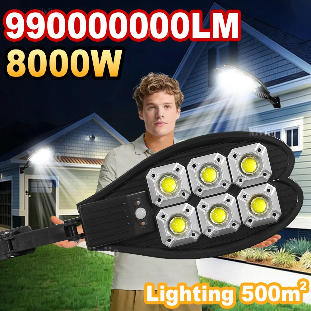 

Солнечные уличные светильники 8000 Вт, самые мощные, с датчиком движения, от заката до рассвета, для сада, двора, охранного освещения,лампа аккумуляторная светильник с датчиком движения