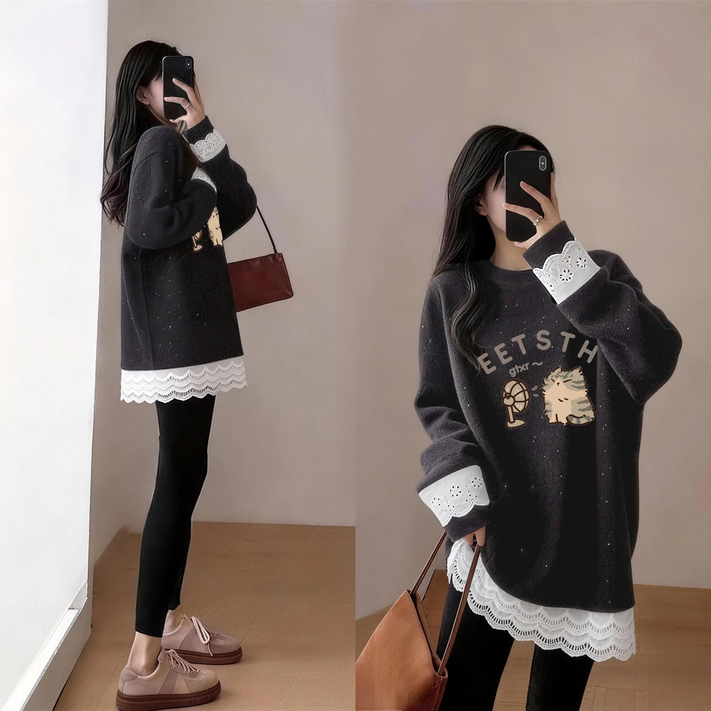 Women's Long Sleeve Base Shirt Inner Wear Fake Two-Piece T-Shirt Shark Pants Matching Mid-Length Top Butt Covering Trendy