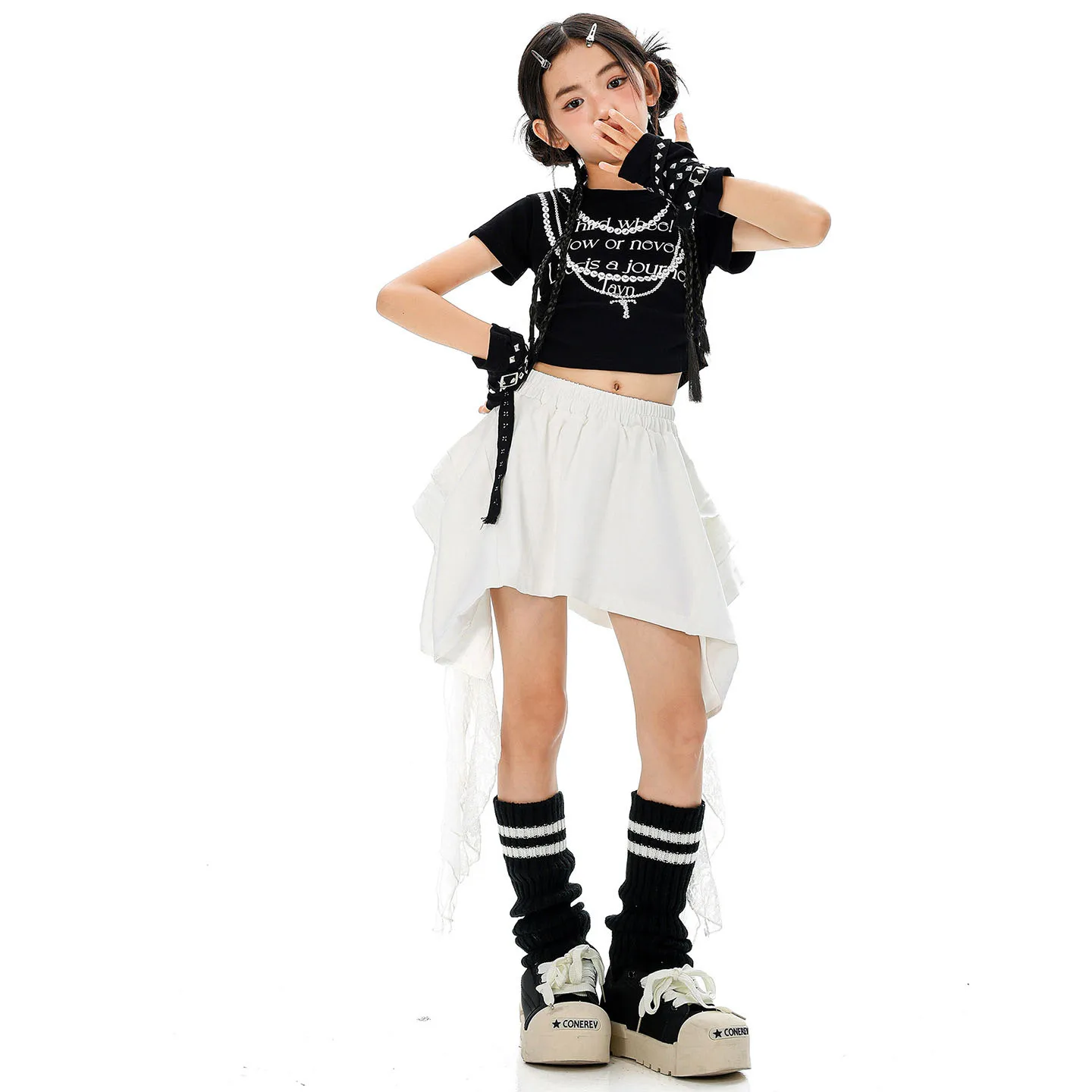 키즈 K팝 힙합 의류 블랙 사이드 러칭 크롭 티셔츠 탑 화이트 레이스 밑단 미니 스커트 소녀 재즈 댄스 의상