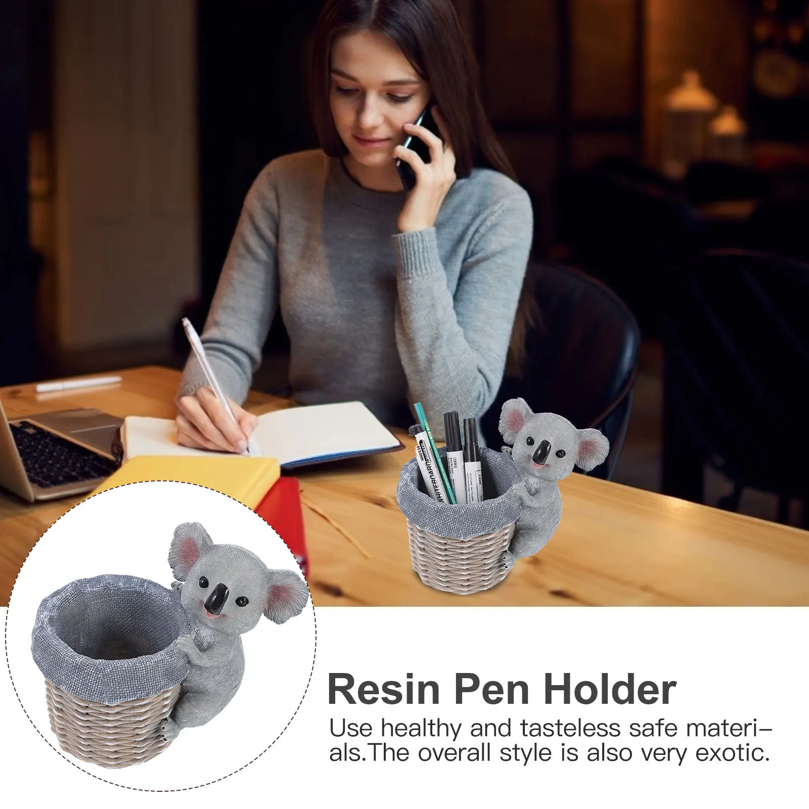 

1Pcs 3D Koala Pen Holder Resin Creative Animal Shape Desktop Organizer Storage Bucket Decorative Brush Pot Resin Pen Holder