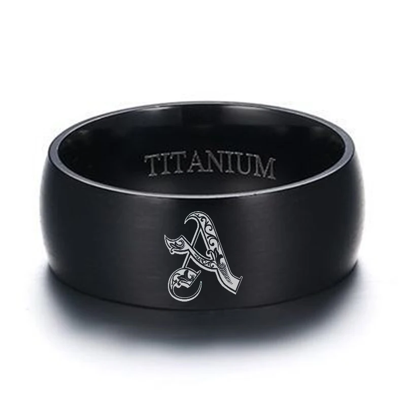 

8mm Black Titanium Steel Gothic Alphabet A-Z Rings Fashion Jewelry Personalised Initial Charm Accessory for Women And Men