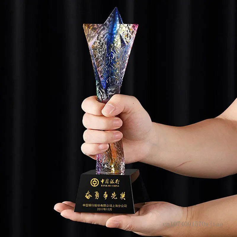 Crystal Trophy Making, Colorful, High-grade, Colored Glass, Creative, Excellent Staff Honor Award, Home Decor Engraving, New 1pc