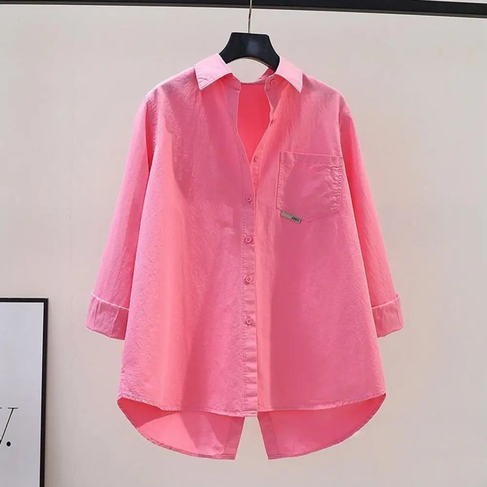 Business Casual Button-down Elegant Women's Spring Blouse with Turn-down Collar Irregular Hem Soft Breathable Long for Casual