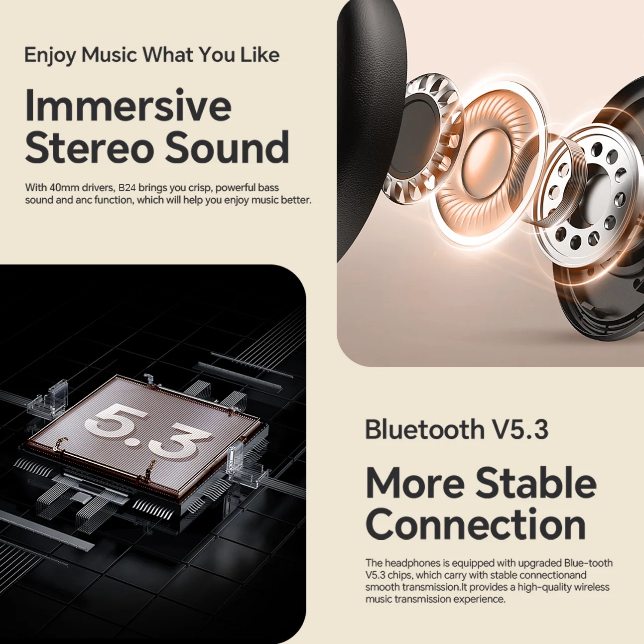 Wireless Headphone Bluetooth 5.3 Deep Bass Sound Portable Comfort Gaming Earphone with Mic for Phone/PC 40H Dual Mode Connection