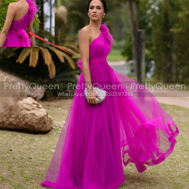 Vestido de noche largo de línea A con plumas, un hombro, sin mangas, fajín, vestidos de fiesta de tul fucsia personalizados